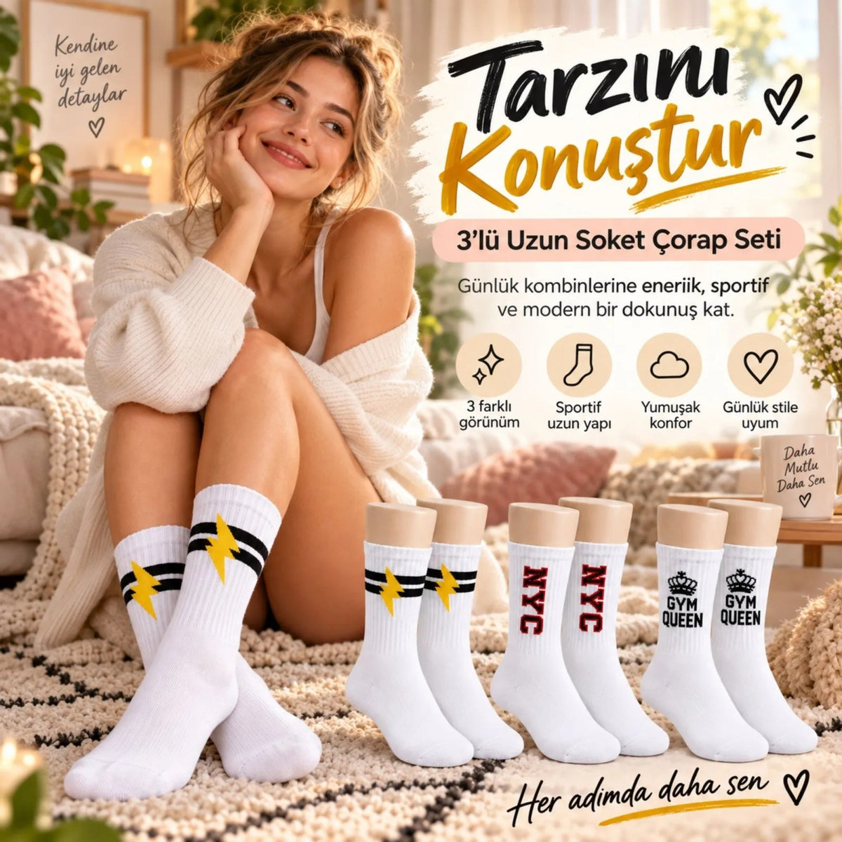 Kadın Spor Çorap Beyaz Yazılı 3'lü Set Uzun Soket Pamuklu Dikişsiz Nefes Alan Spor Konforlu Çoraplar
