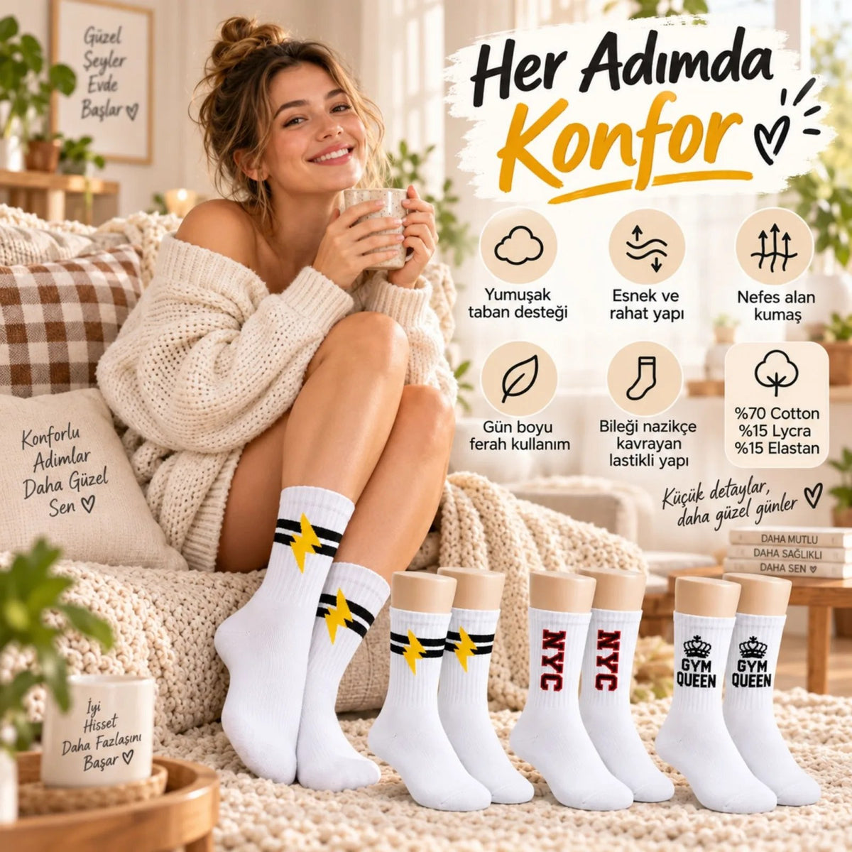 Kadın Spor Çorap Beyaz Yazılı 6'lı Set Uzun Soket Pamuklu Dikişsiz Nefes Alan Spor Konforlu Çoraplar