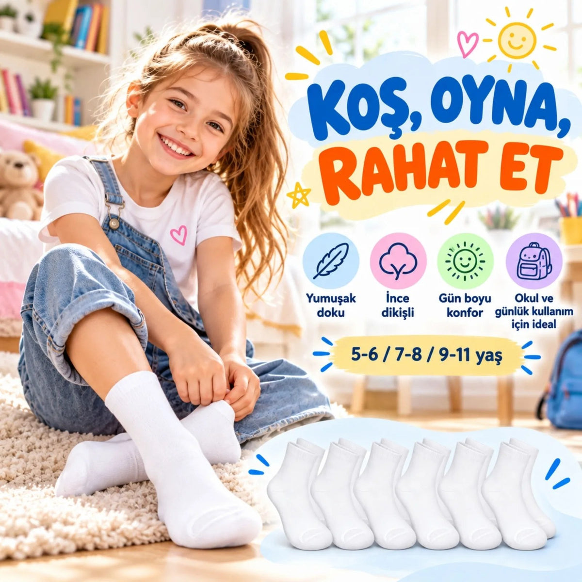 Çocuk Beyaz Çorap 12'li Set İnce Dikişli Yumuşak Nefes Alabilen Okul Günlük Rahat Çorap 5-11 Yaş Seti