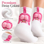 Kadın Beyaz Pembe Kedi Desenli Ponponlu Soket Çorap | Sevimli 3D Kedi Figürlü Eğlenceli Günlük Çorap