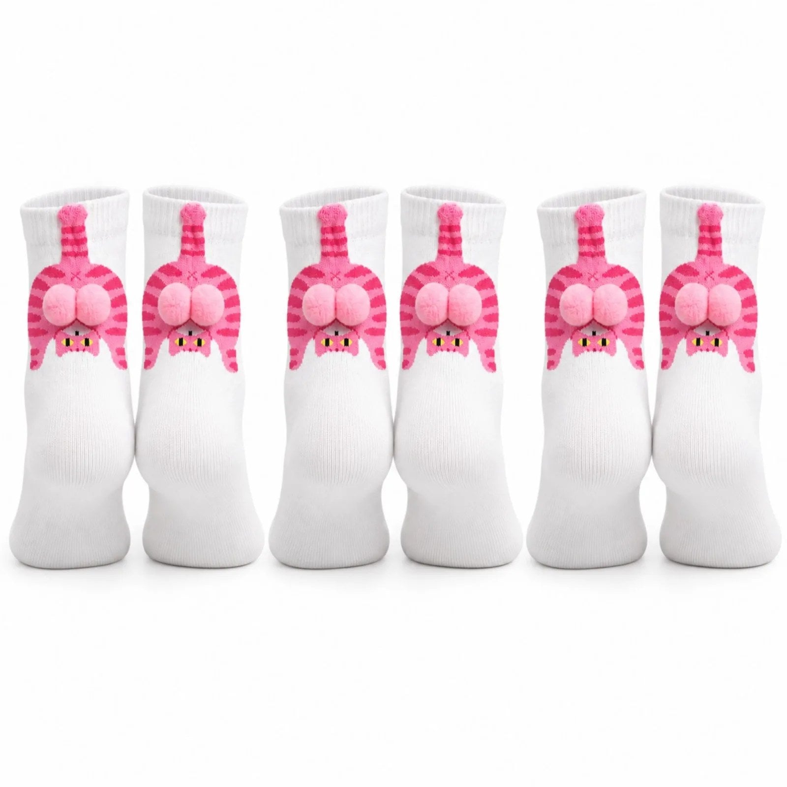 Kadın 3'lü Beyaz Pembe Kedi Desenli Ponponlu Soket Çorap Seti | 3D Kedi Figürlü Sevimli Çorap Modeli