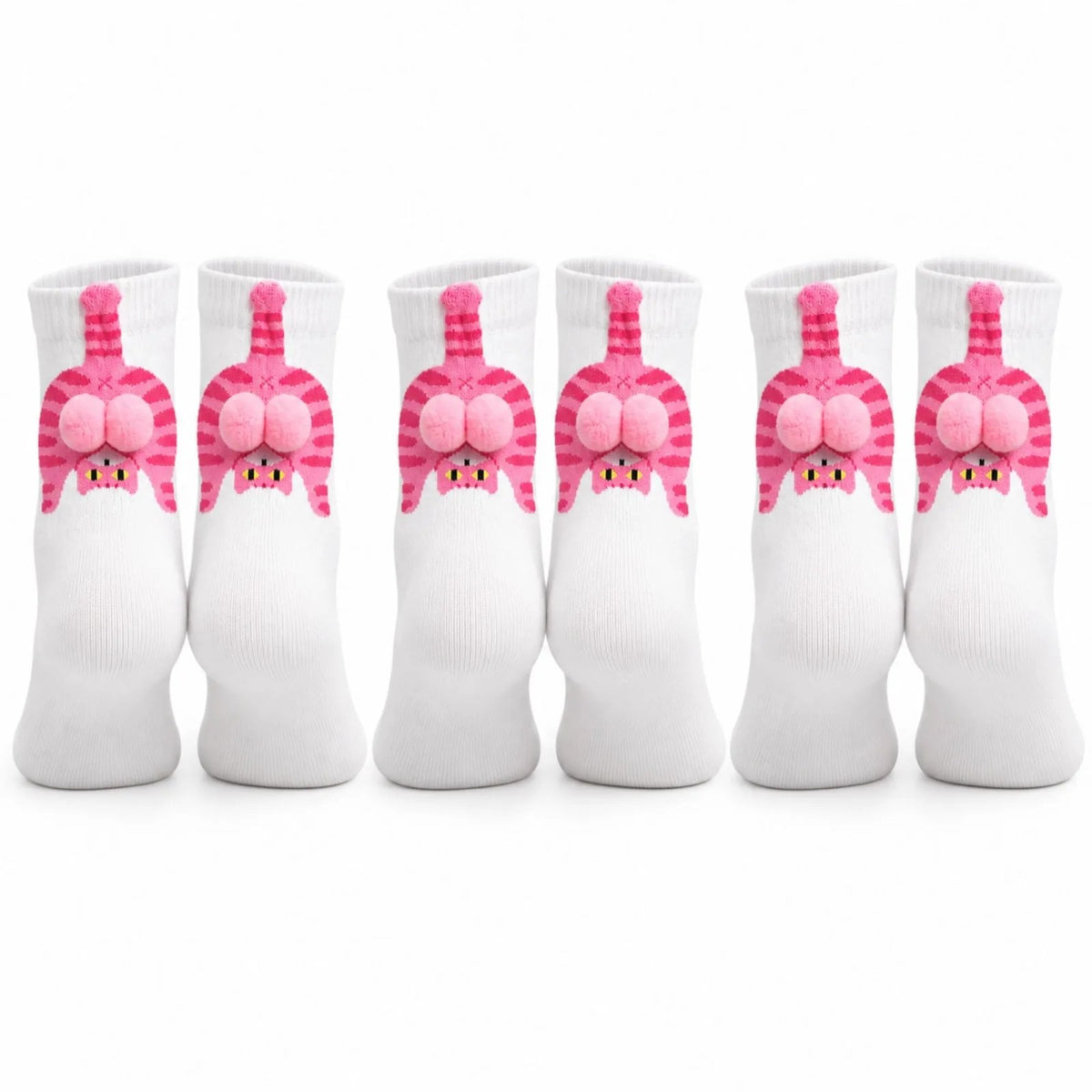 Kadın 3'lü Beyaz Pembe Kedi Desenli Ponponlu Soket Çorap Seti | 3D Kedi Figürlü Sevimli Çorap Modeli