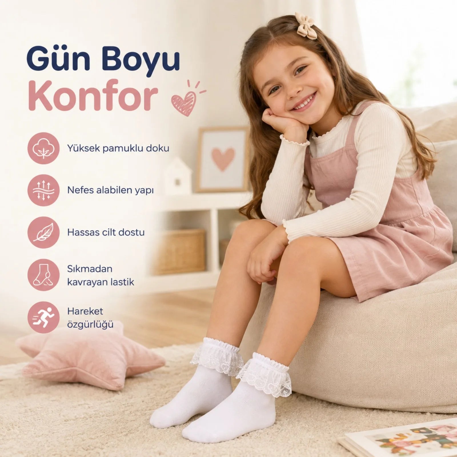 Kız Çocuk 3'lü Beyaz Dantelli Soket Çorap, Yüksek Pamuklu Okul Gösteri ve Özel Gün Çorabı