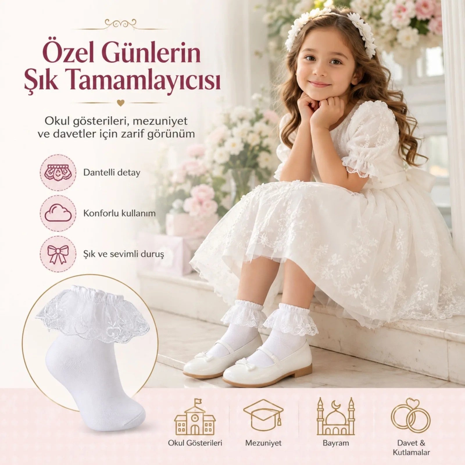 Kız Çocuk 6'lı Beyaz Dantelli Soket Çorap, Yüksek Pamuklu Okul Gösteri ve Özel Gün Çorabı