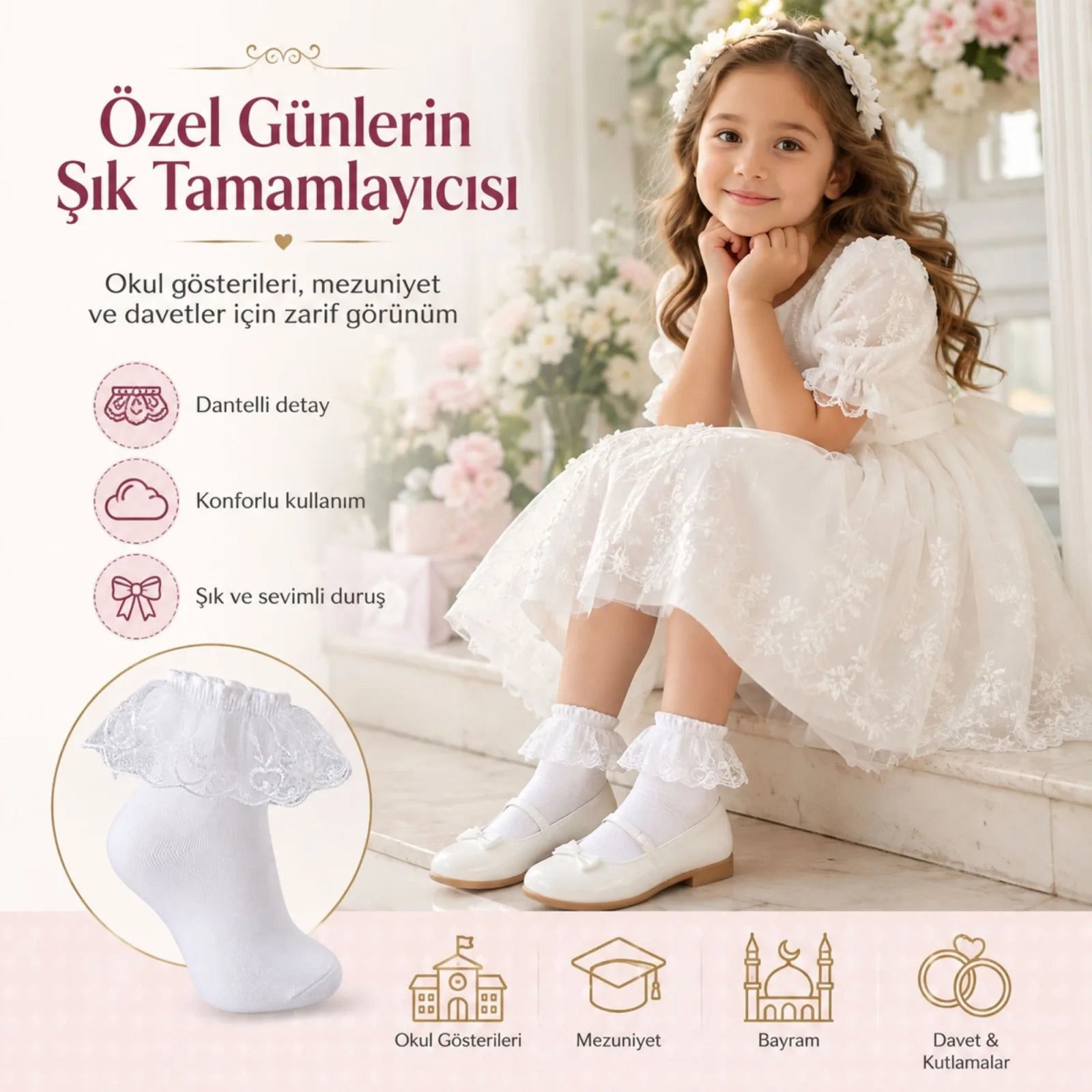 Kız Çocuk 6'lı Beyaz Dantelli Soket Çorap, Yüksek Pamuklu Okul Gösteri ve Özel Gün Çorabı