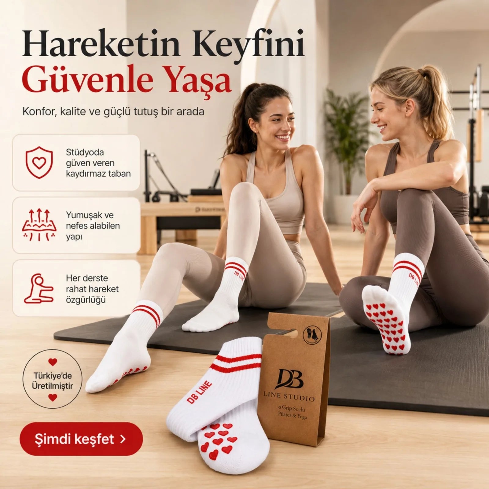 DB LINE Kaydırmaz Pilates Yoga Çorabı Pamuklu Silikon Tabanlı Barre Stüdyo Spor Çorabı