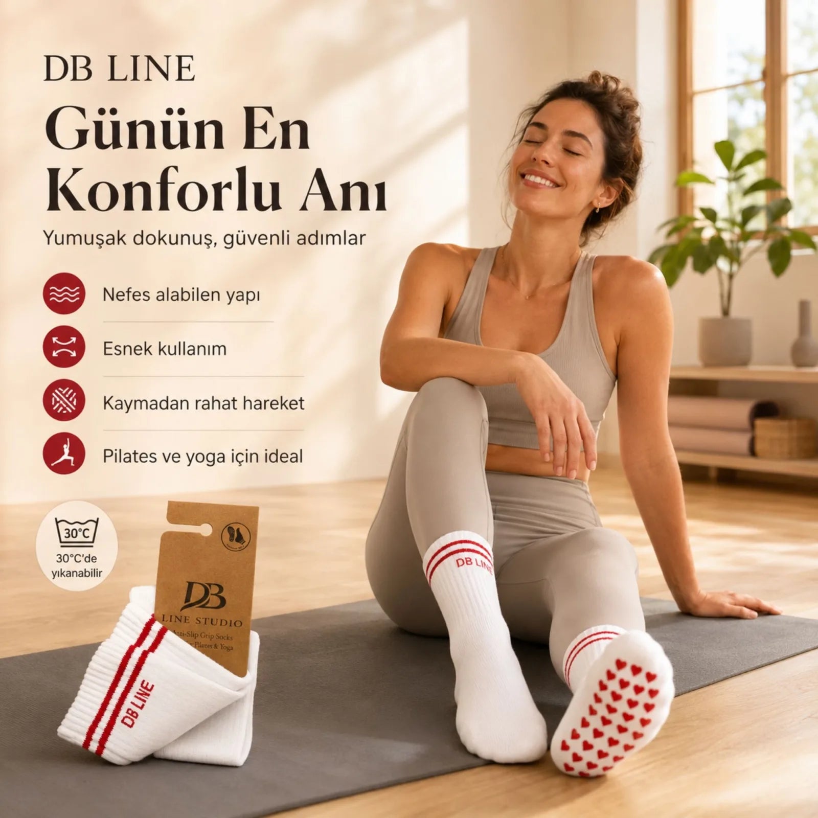 DB LINE Kaydırmaz 8'li Pilates Yoga Çorabı Pamuklu Silikon Tabanlı Barre Stüdyo Spor Çorabı