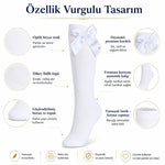 Kız Çocuk Beyaz Kurdeleli 3'lü Diz Altı Çorap, Pamuklu Okul Bale ve Özel Gün Çorabı