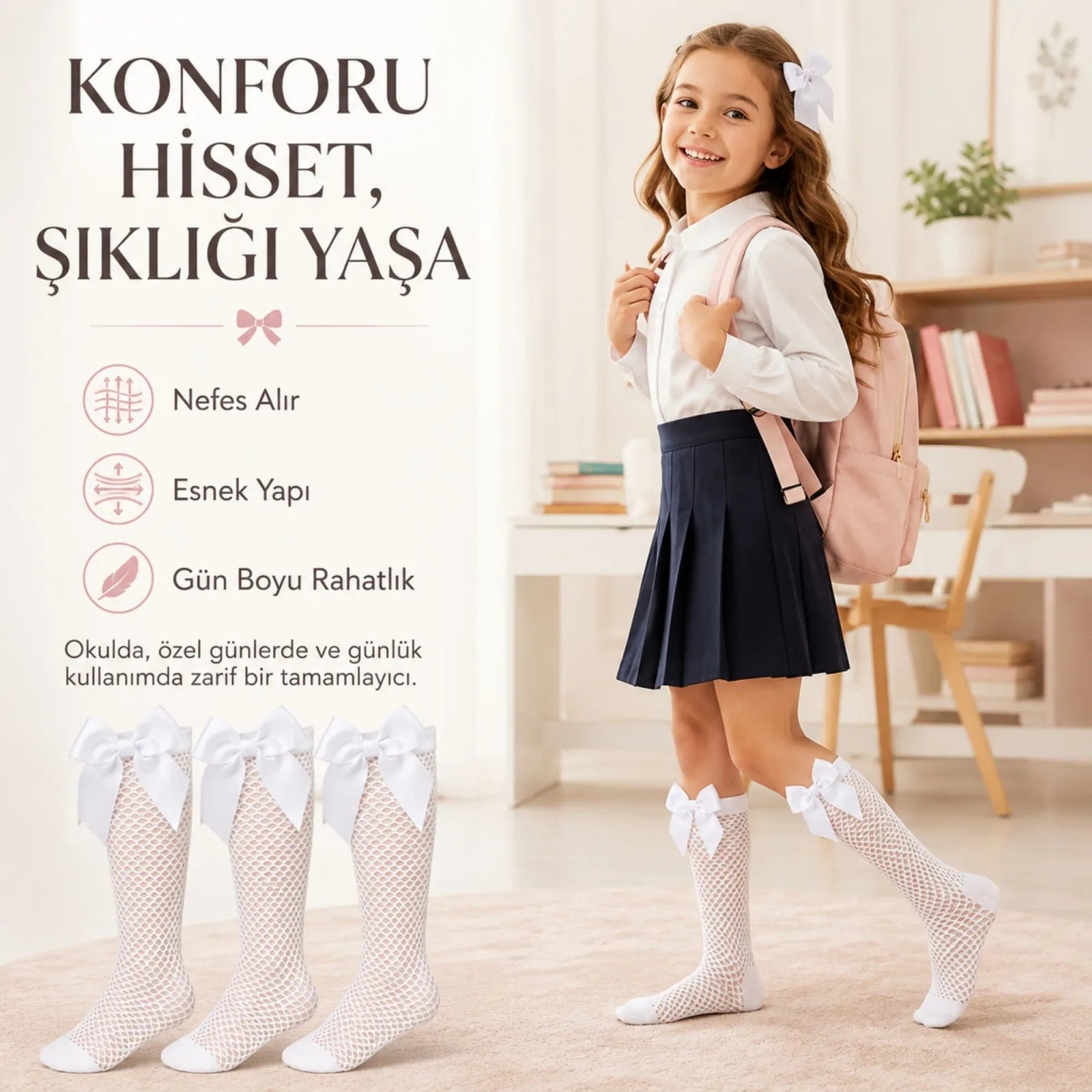 Kız Çocuk Beyaz File Dizaltı Çorap Fiyonklu 3'lü Paket Okul Tören Bayram Gösteri Çorabı