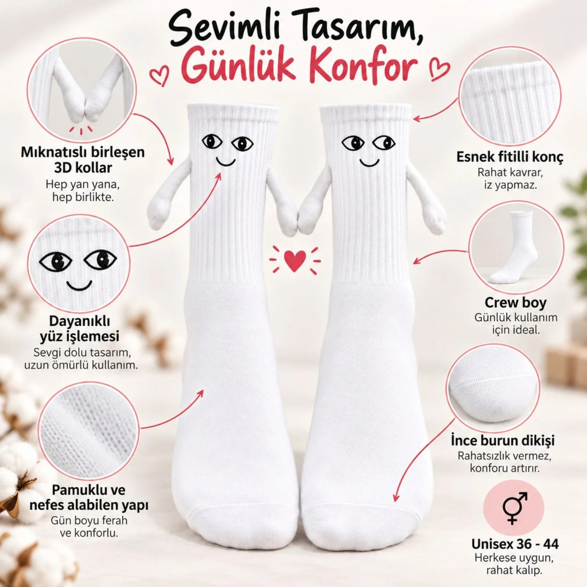 El Ele Tutuşan Mıknatıslı Sevimli Çorap 36-44 - Çift Hediyesi, Pamuklu Renkli Crew Model