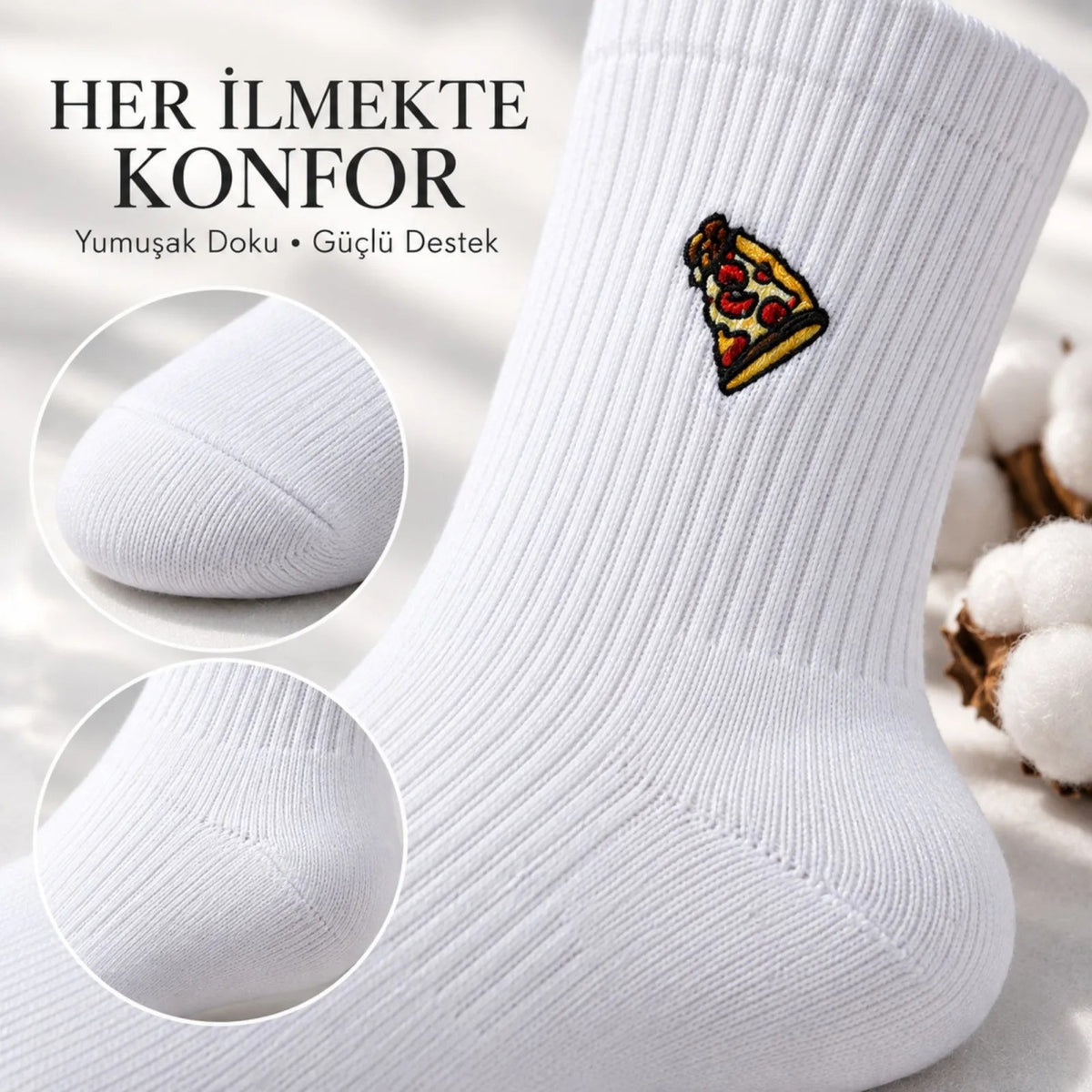 UNİSEX Çorap Beyaz Nakışlı 6'lı Set Pizza Hotdog Hamburger Desenli Uzun Soket Günlük Spor Çorap Seti