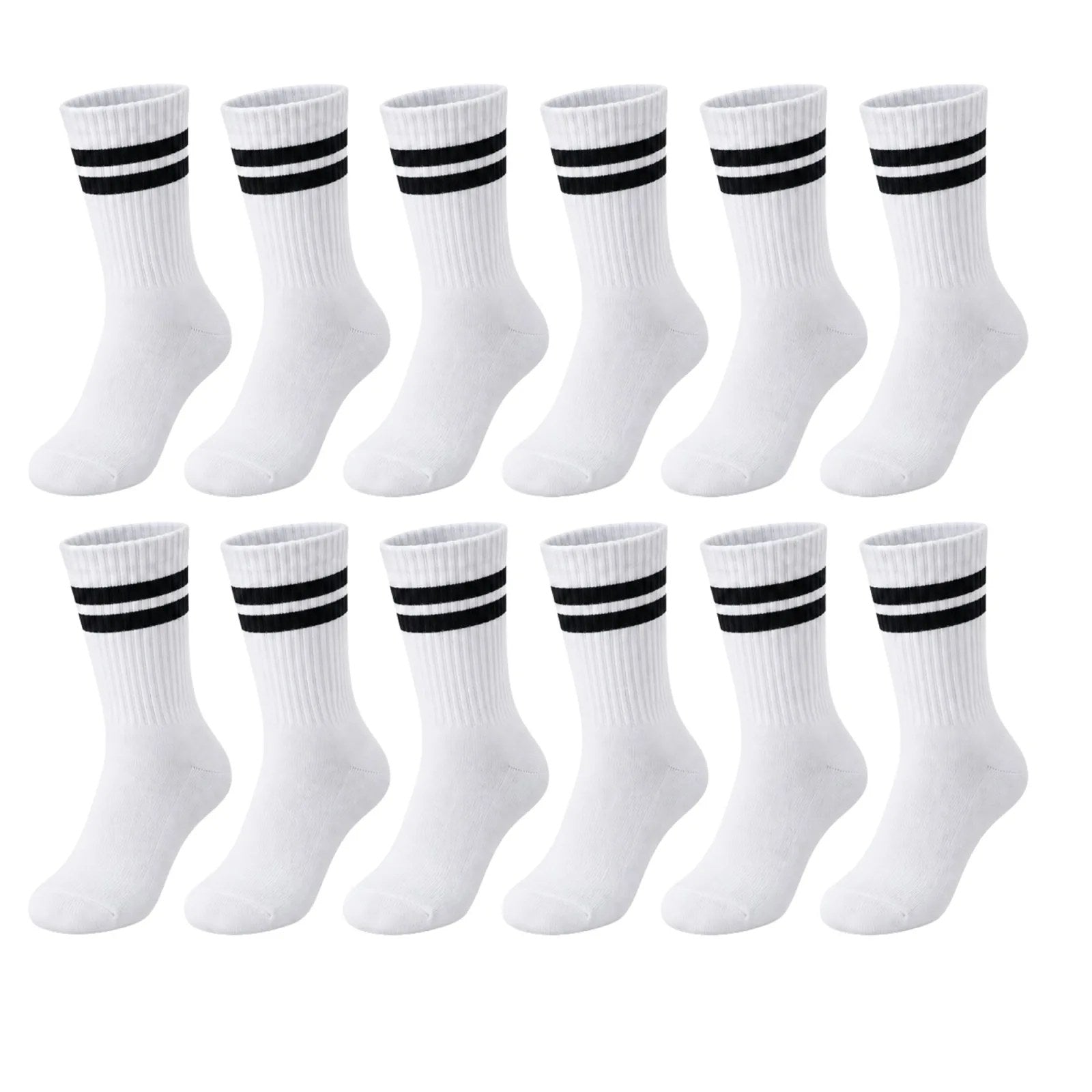 Unisex Beyaz Çorap Siyah Çizgili 12'li Set Uzun Soket Günlük Spor Kolej Stil Kadın Erkek Çorabı