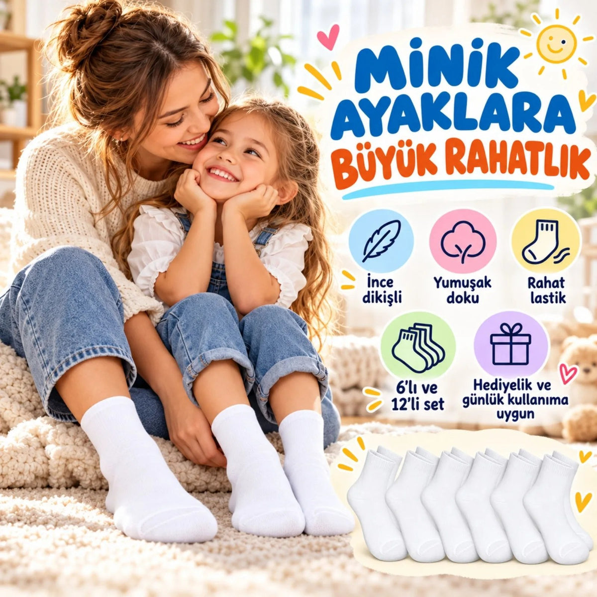Çocuk Beyaz Çorap 6'lı Set İnce Dikişli Yumuşak Nefes Alabilen Okul Günlük Rahat Çorap 5-11 Yaş Seti