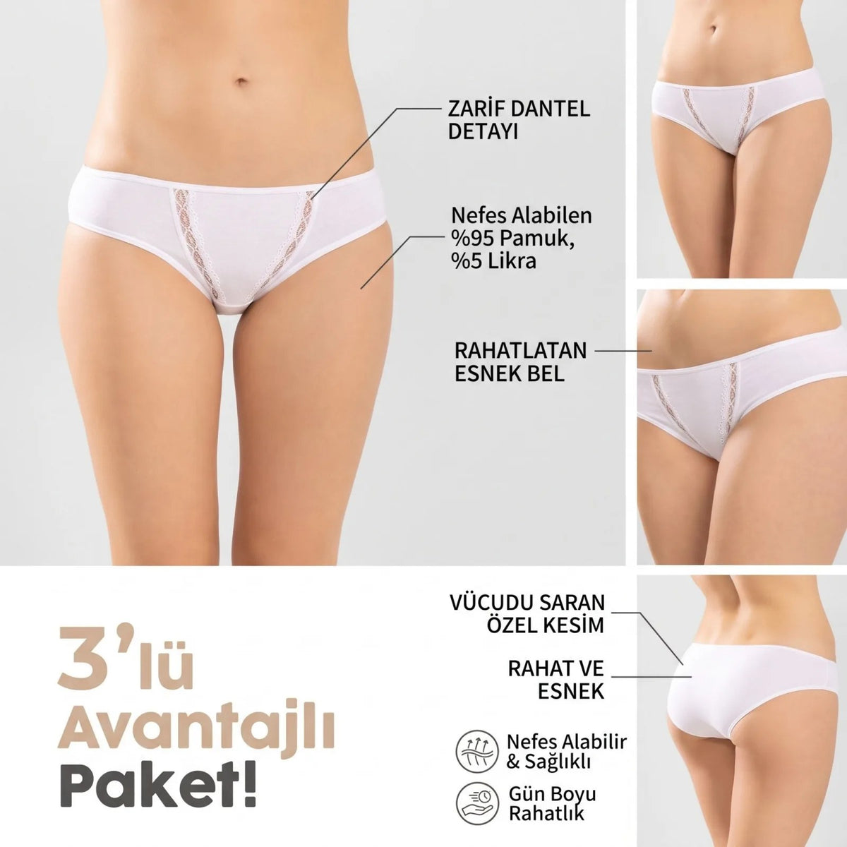Kadın Pamuklu Zikzak İşlemeli Bikini Kesim Külot 3'lü Paket | Siyah Beyaz Dantel Detaylı İç Çamaşırı
