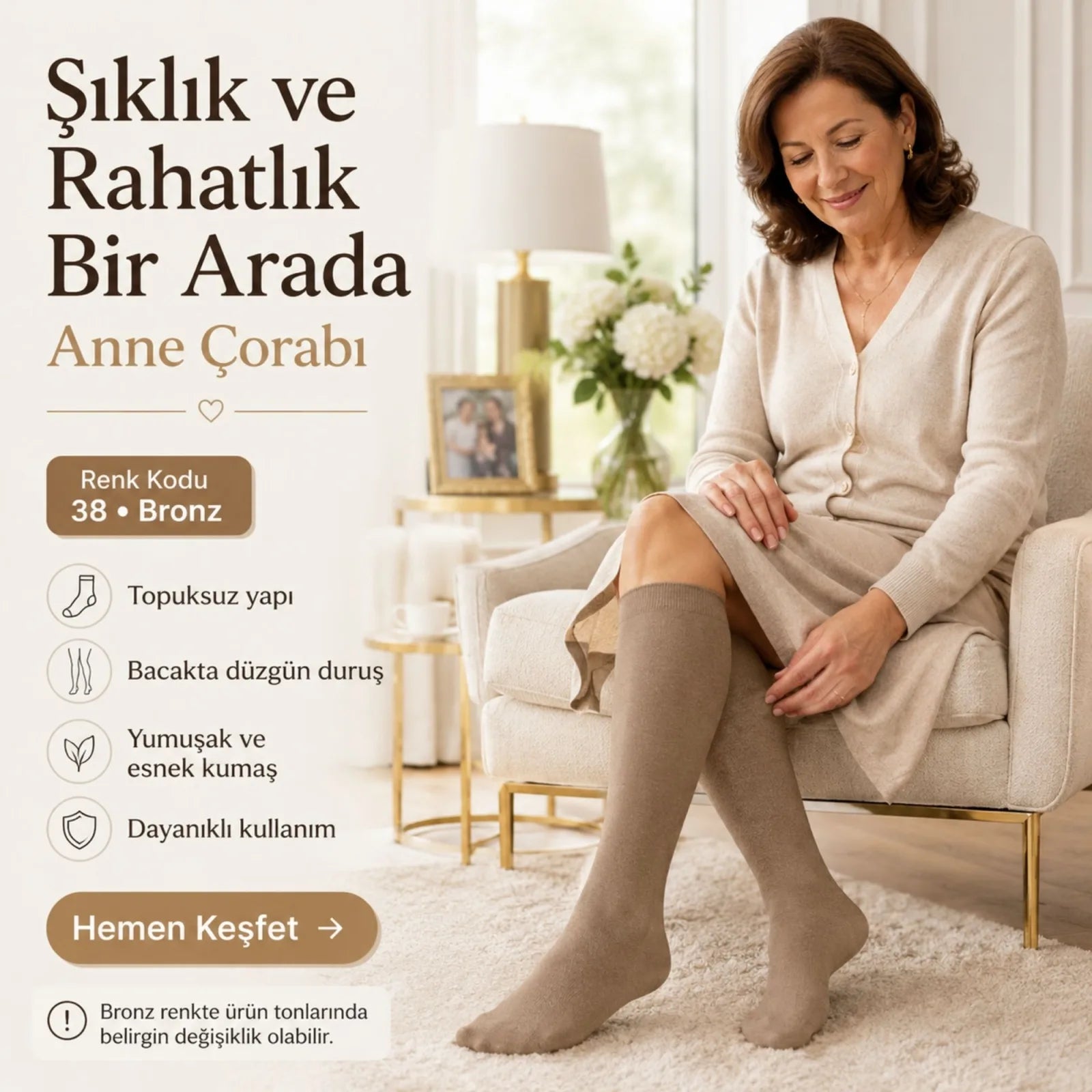 Kadın 70 Denye 12'li Kalın Anne Çorabı Dizaltı Topuksuz Esnek Günlük Kullanım Çorabı Ten Siyah Bronz Vizon
