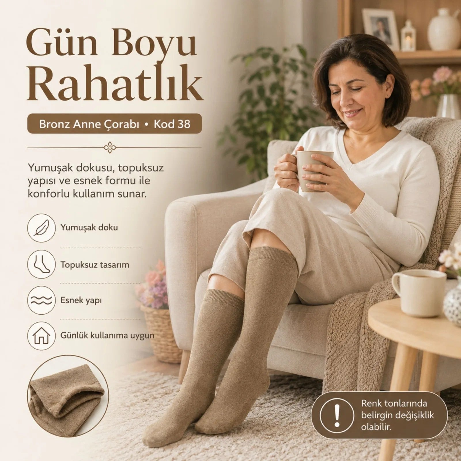 Kadın 40 Denye 6'lı İnce Anne Çorabı Dizaltı Topuksuz Esnek Günlük Kullanım Çorabı Ten Siyah Bronz Vizon