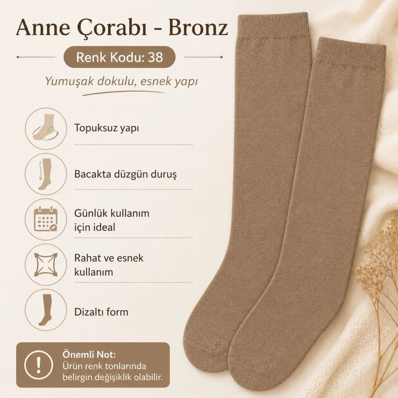 Kadın 70 Denye 6'lı Kalın Anne Çorabı Dizaltı Topuksuz Esnek Günlük Kullanım Çorabı Ten Siyah Bronz Vizon