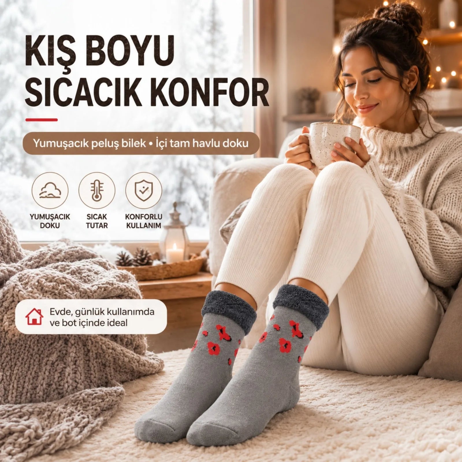 12’li Kadın Kışlık Havlu Çorap Sıcak Tutan Karışık Desenli Ekonomik Çoklu Çorap Seti