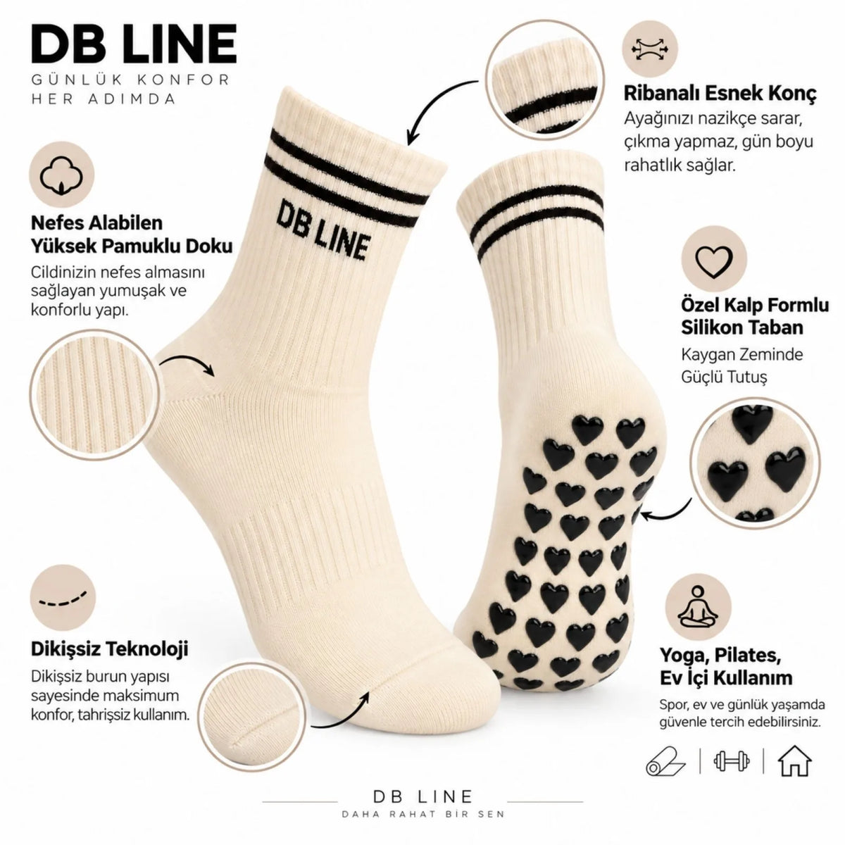 DB LINE Kaydırmaz 4'lü Pilates Yoga Çorabı Pamuklu Silikon Tabanlı Barre Stüdyo Spor Çorabı