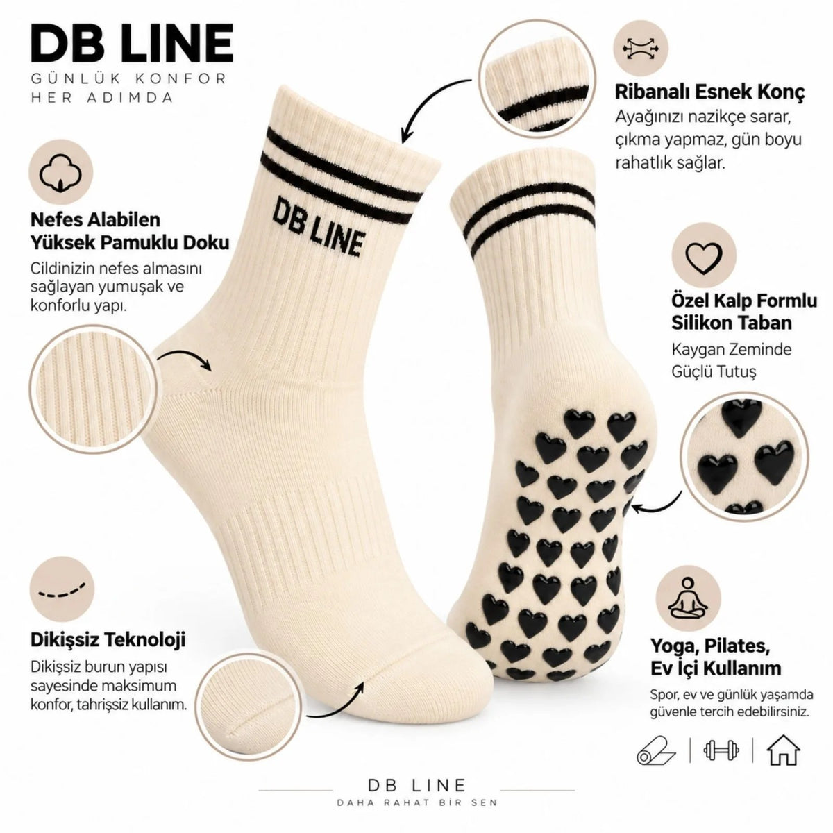 DB LINE Kaydırmaz Yoga Pilates Çorabı 8'li | Pamuklu Silikon Taban, Barre Stüdyo Spor