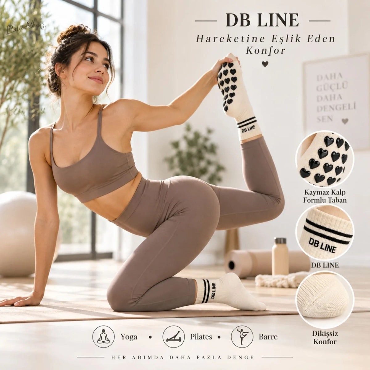 DB LINE Kaydırmaz 4'lü Pilates Yoga Çorabı Pamuklu Silikon Tabanlı Barre Stüdyo Spor Çorabı