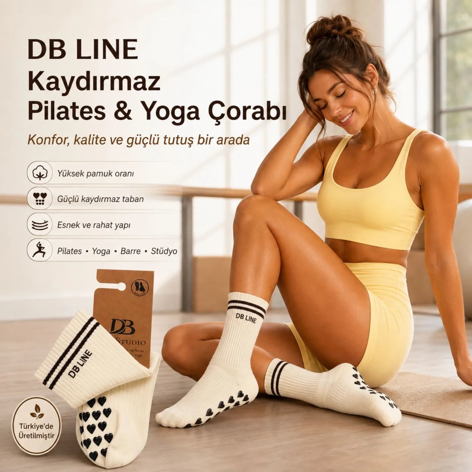 DB LINE Kaydırmaz Pilates Yoga Çorabı Pamuklu Silikon Tabanlı Barre Stüdyo Spor Çorabı