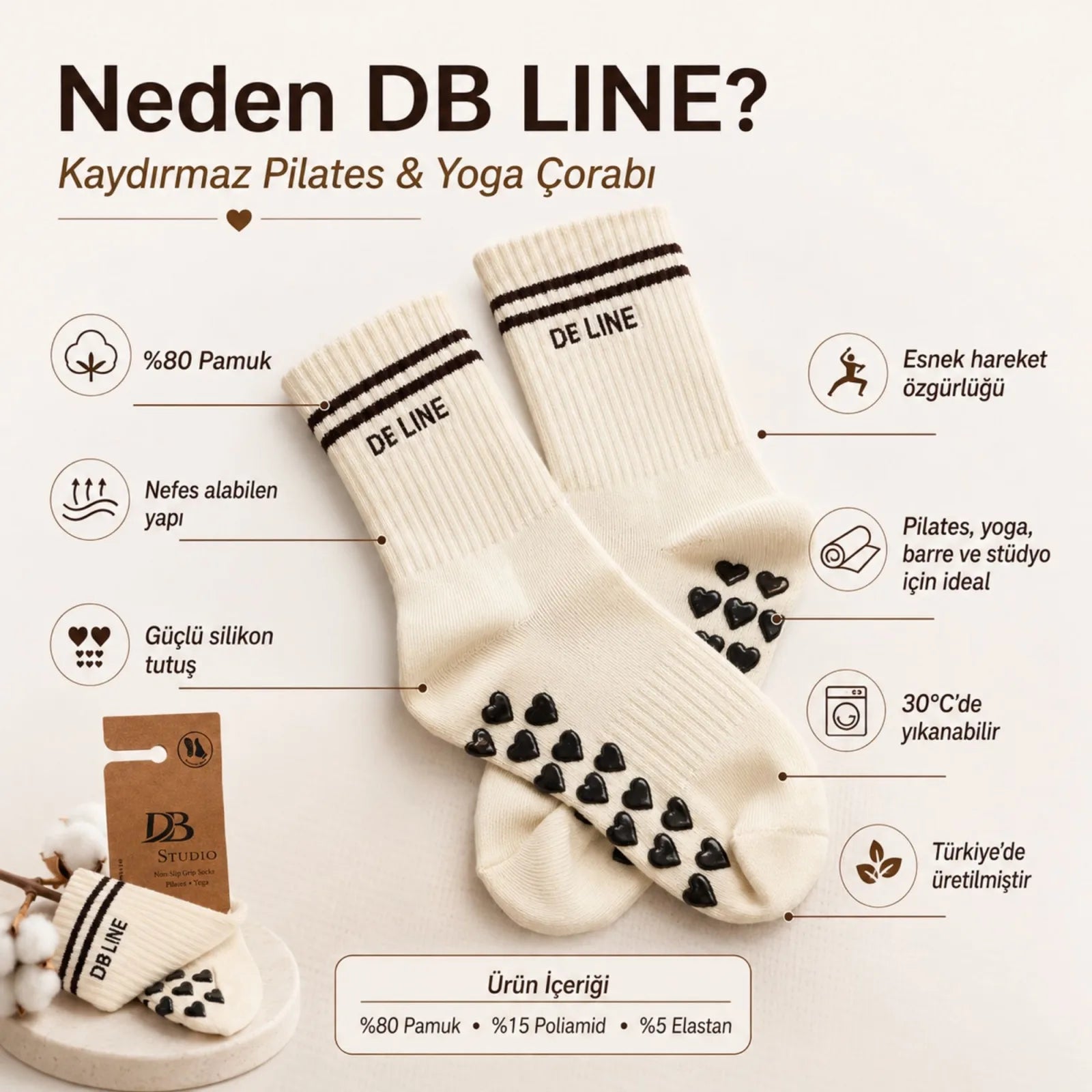 DB LINE Kaydırmaz 8'li Pilates Yoga Çorabı Pamuklu Silikon Tabanlı Barre Stüdyo Spor Çorabı