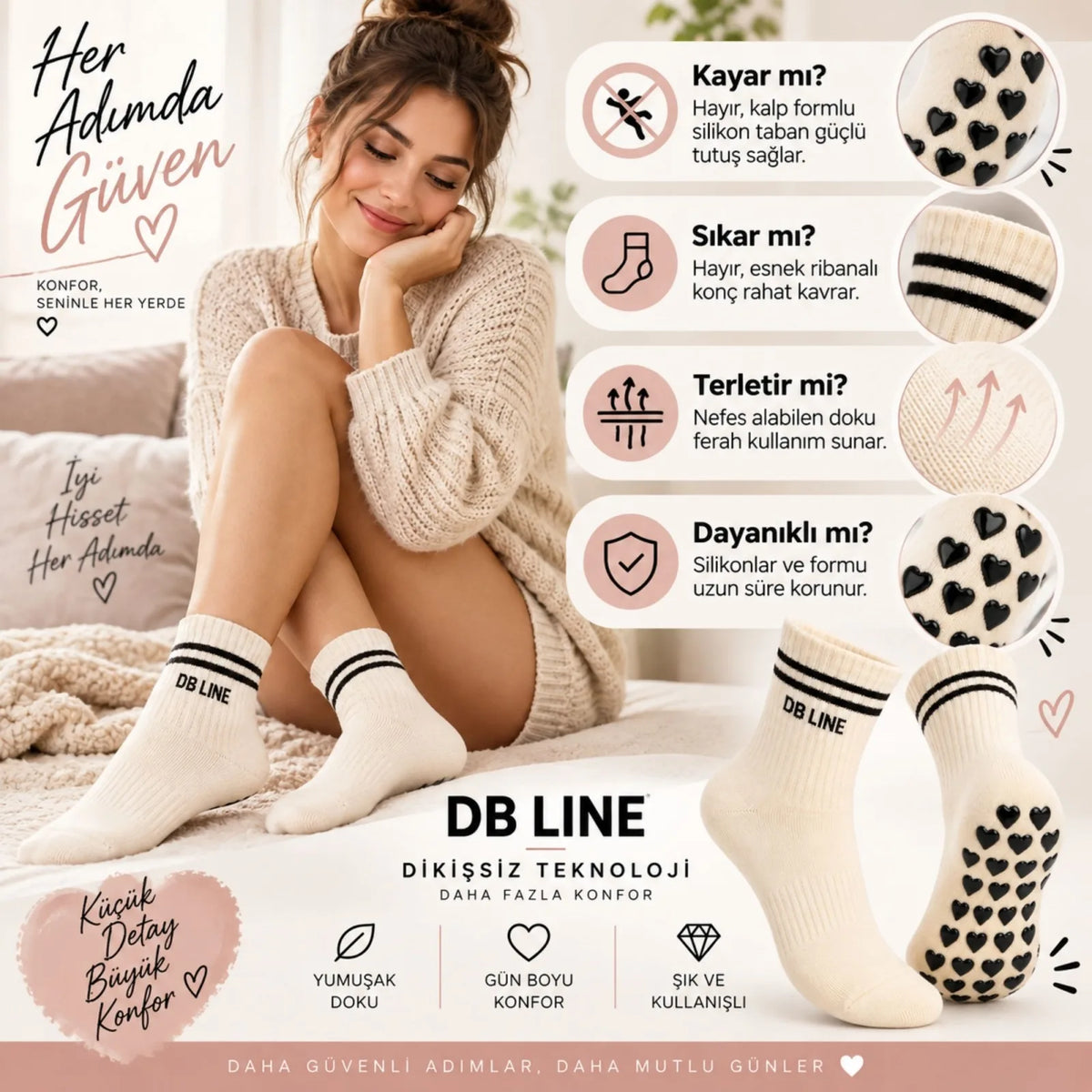 DB LINE Kaydırmaz 4'lü Pilates Yoga Çorabı Pamuklu Silikon Tabanlı Barre Stüdyo Spor Çorabı