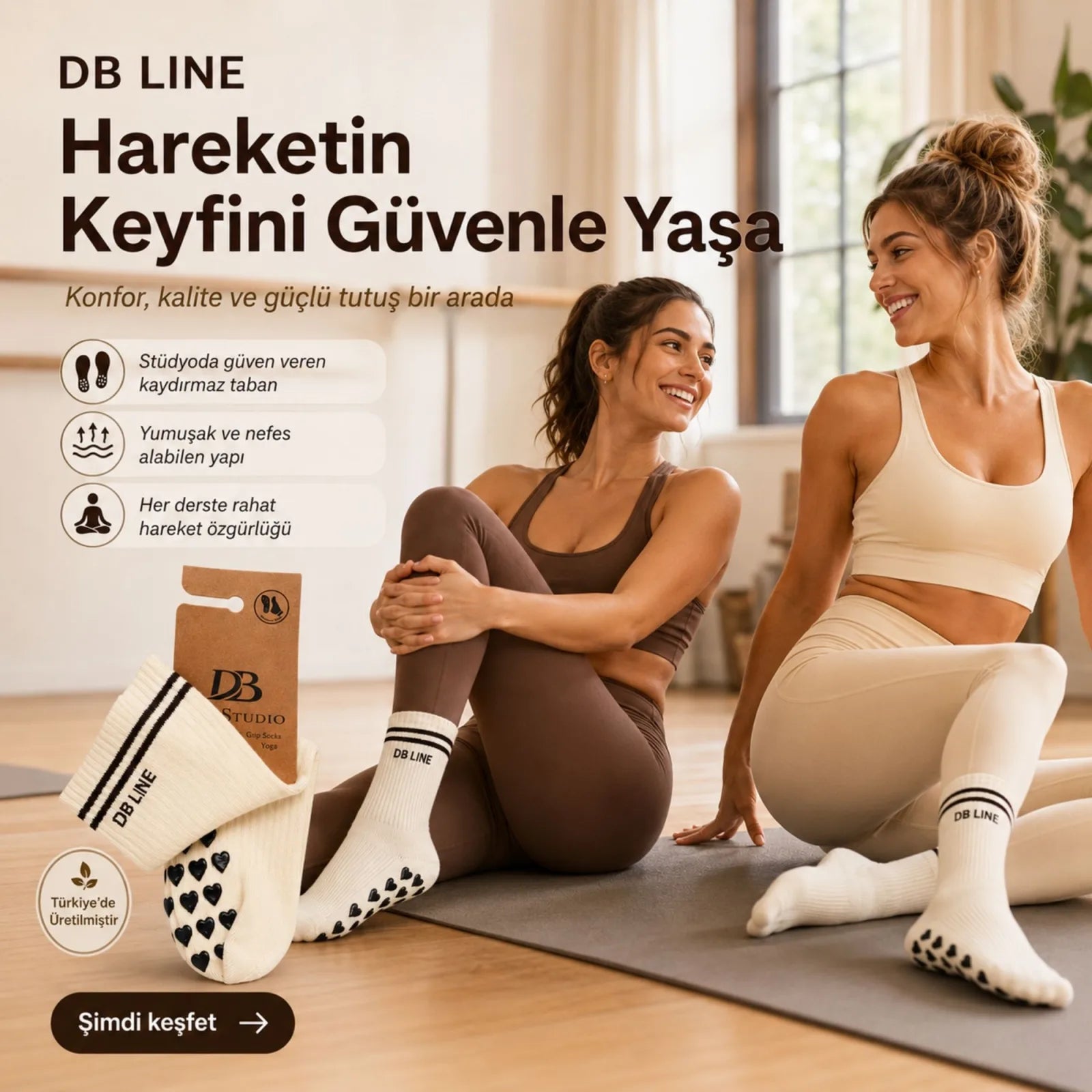 DB LINE Kaydırmaz 4'lü Pilates Yoga Çorabı Pamuklu Silikon Tabanlı Barre Stüdyo Spor Çorabı