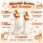 Kadın 3'lü Krem Turuncu Kedi Desenli Ponponlu Soket Çorap Seti | Kedi Figürlü Eğlenceli Çorap Modeli