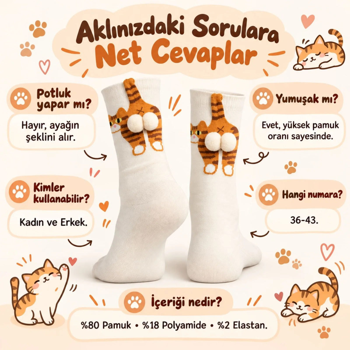 Kadın 3'lü Krem Turuncu Kedi Desenli Ponponlu Soket Çorap Seti | Kedi Figürlü Eğlenceli Çorap Modeli
