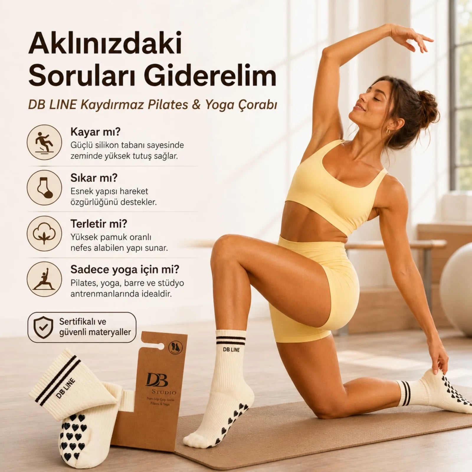 DB LINE Kaydırmaz Pilates Yoga Çorabı Pamuklu Silikon Tabanlı Barre Stüdyo Spor Çorabı