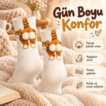 Kadın 3'lü Krem Turuncu Kedi Desenli Ponponlu Soket Çorap Seti | Kedi Figürlü Eğlenceli Çorap Modeli