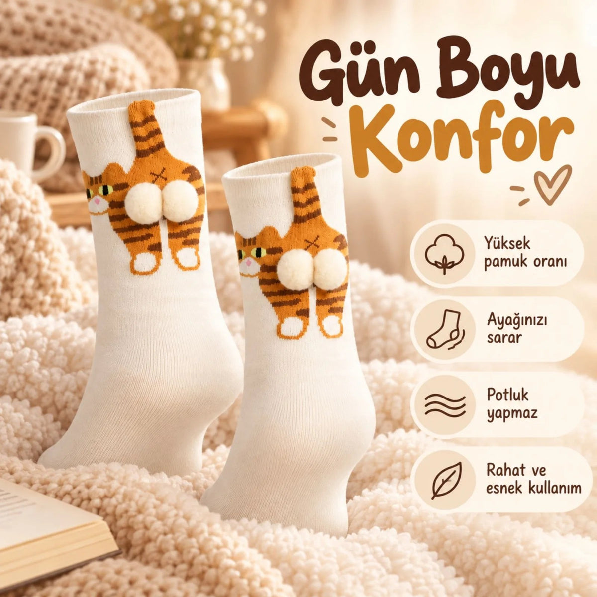 Kadın 3'lü Krem Turuncu Kedi Desenli Ponponlu Soket Çorap Seti | Kedi Figürlü Eğlenceli Çorap Modeli