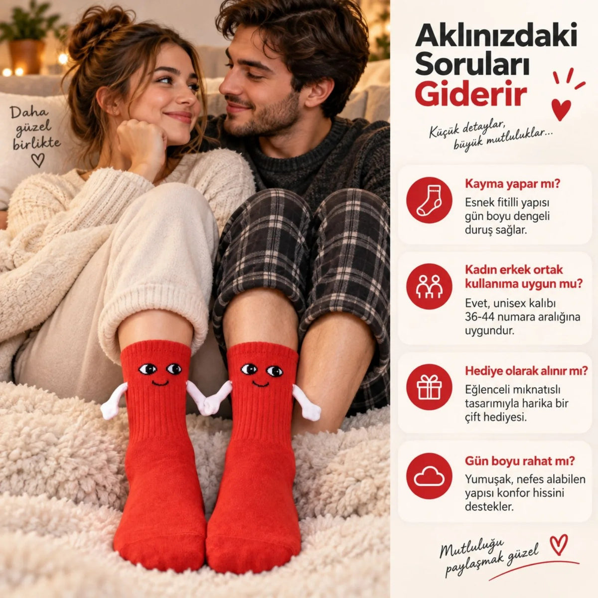 Mıknatıslı El Ele Unisex Tutuşan Sevimli Çorap 36-44 | Çift Hediyesi, Pamuklu Renkli Crew Model