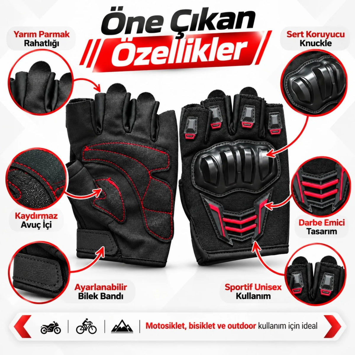 Unisex Yarım Parmak Motosiklet Eldiveni | 3D Knuckle Panelli Kaydırmaz Avuç İçi Ayarlı Bilek Bantlı