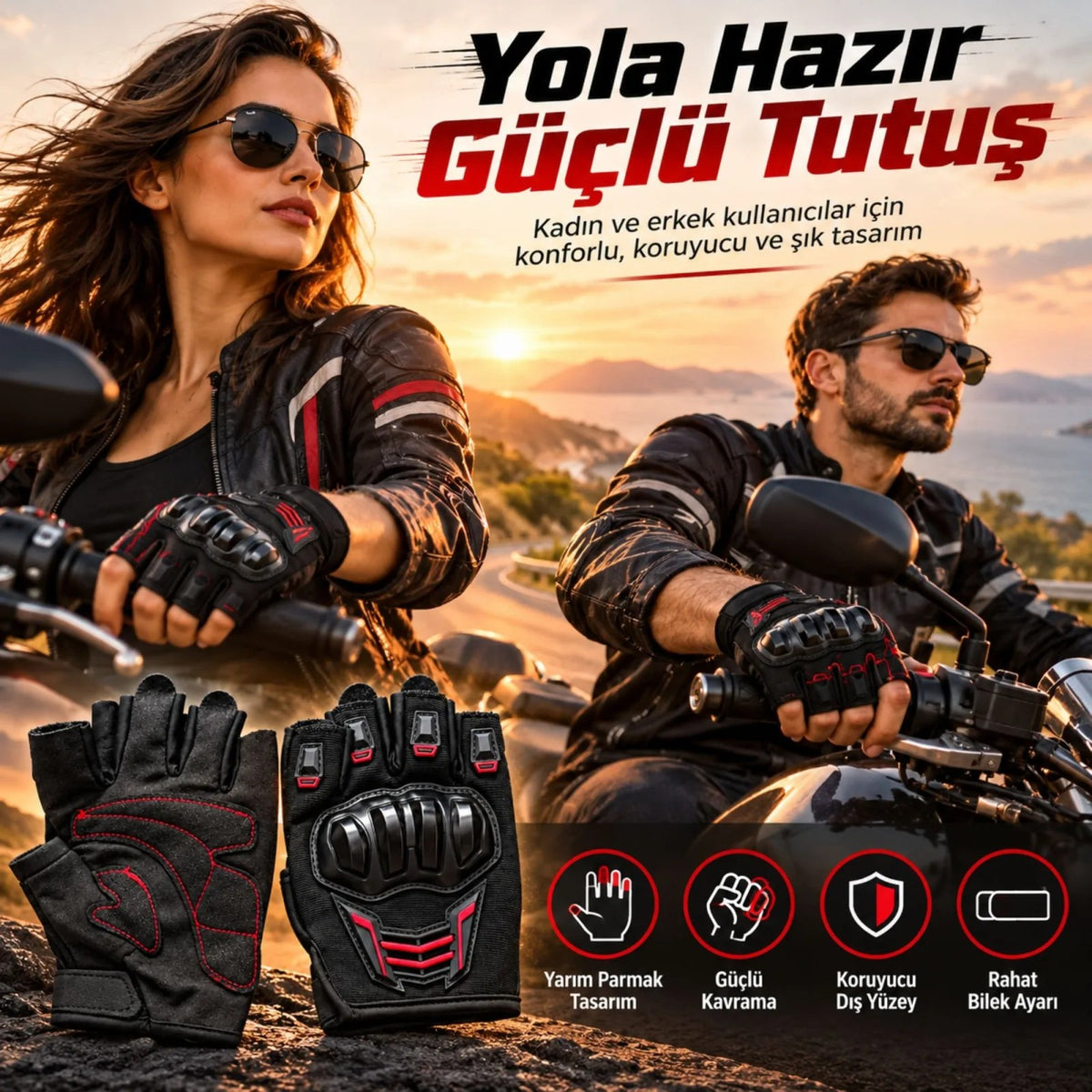 Unisex Yarım Parmak Motosiklet Eldiveni | 3D Knuckle Panelli Kaydırmaz Avuç İçi Ayarlı Bilek Bantlı