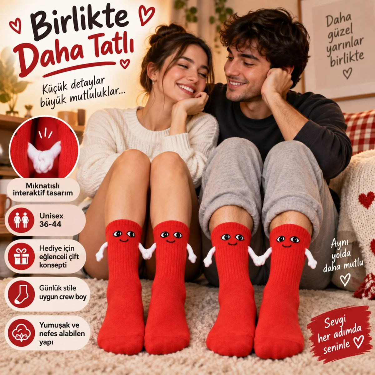 El Ele Tutuşan Mıknatıslı Sevimli Çorap 36-44 - Çift Hediyesi, Pamuklu Renkli Crew Model