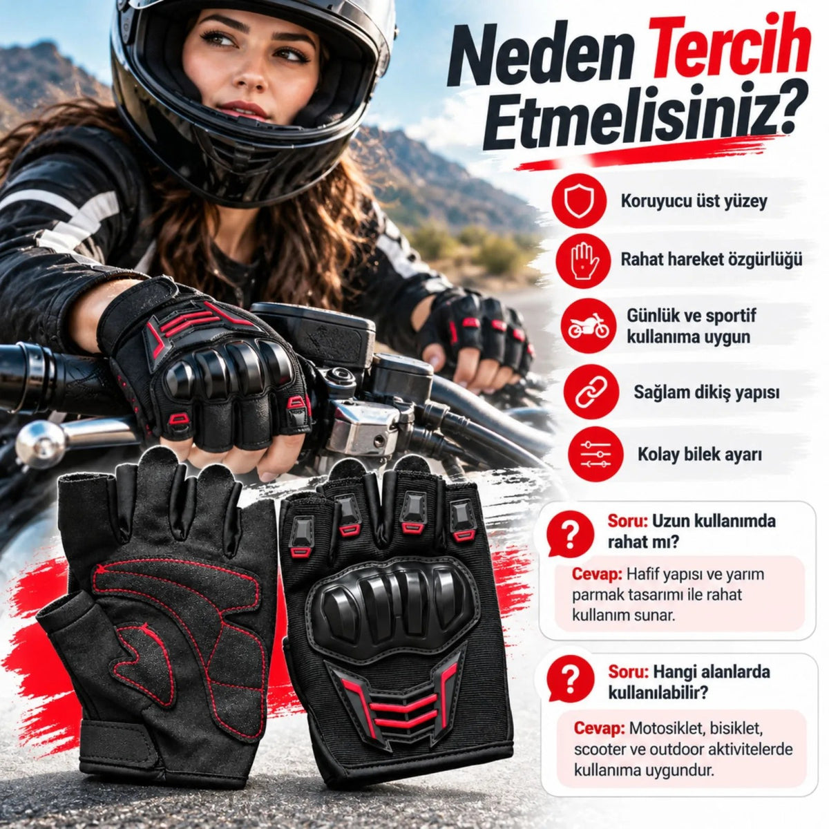 Unisex Yarım Parmak Motosiklet Eldiveni | 3D Knuckle Panelli Kaydırmaz Avuç İçi Ayarlı Bilek Bantlı
