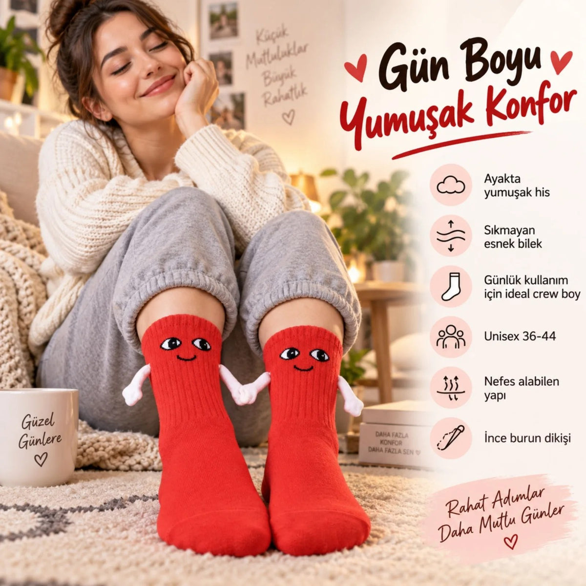 Mıknatıslı El Ele 2'li Unisex Tutuşan Sevimli Çorap 36-44 | Çift Hediyesi, Pamuklu Renkli Crew Model