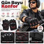 Unisex Yarım Parmak Motosiklet Eldiveni | 3D Knuckle Panelli Kaydırmaz Avuç İçi Ayarlı Bilek Bantlı