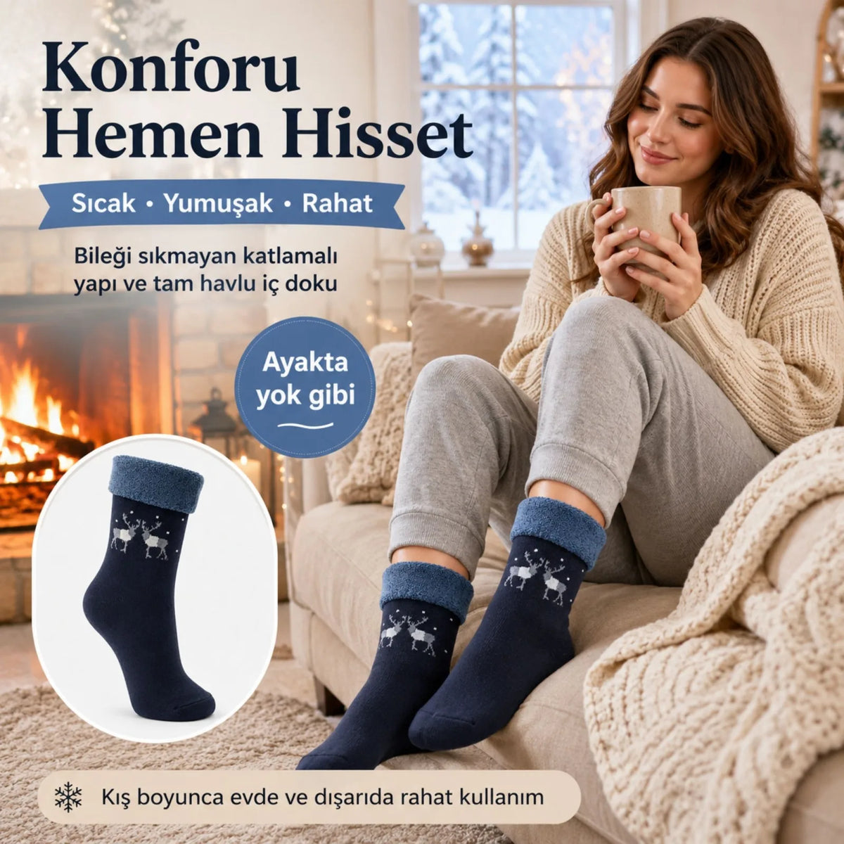 3’lü Kadın Kışlık Havlu Çorap Sıcak Tutan Yumuşak Karışık Desenli Günlük Çorap Seti