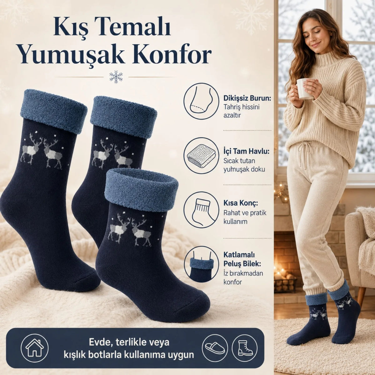 12’li Kadın Kışlık Havlu Çorap Sıcak Tutan Karışık Desenli Ekonomik Çoklu Çorap Seti