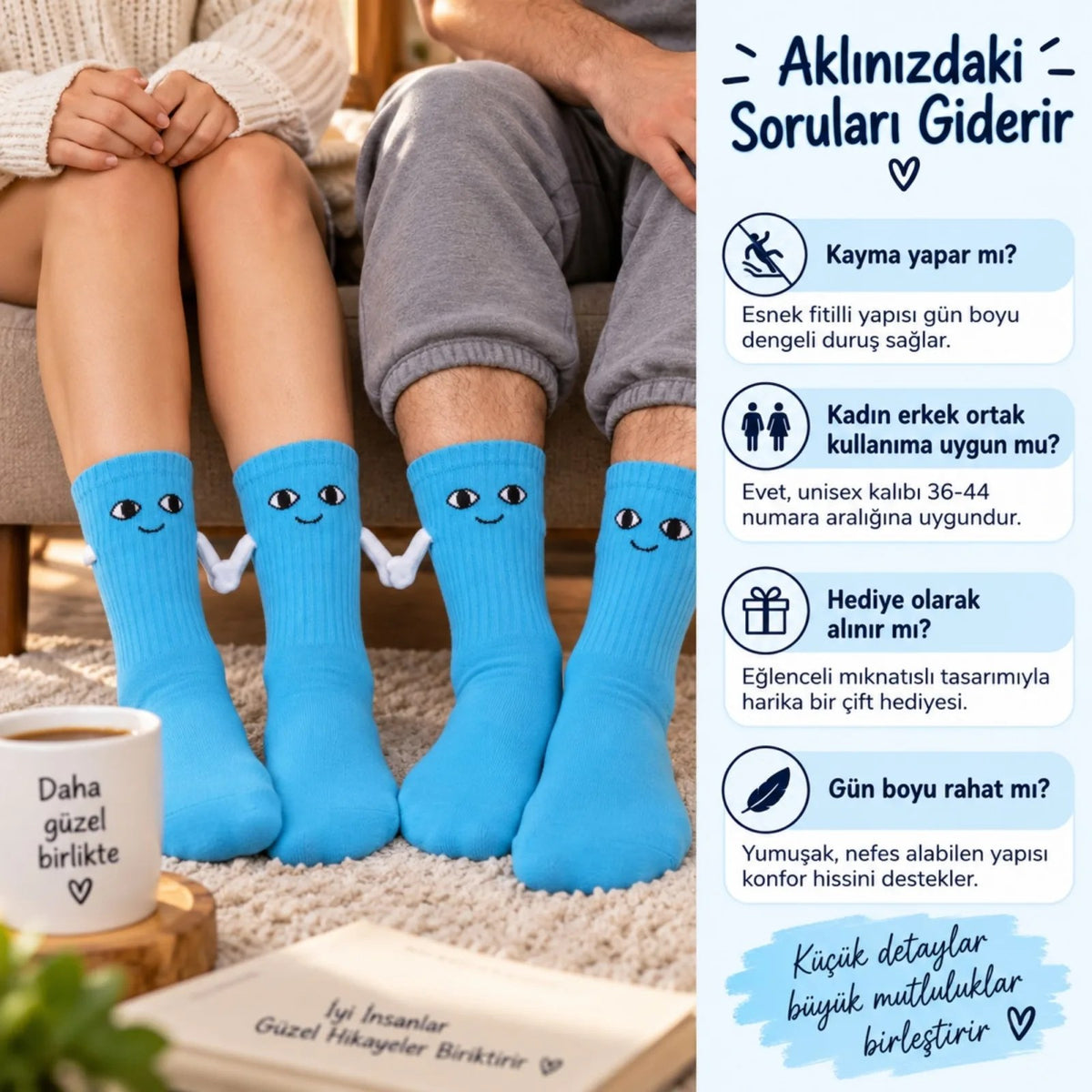 El Ele Tutuşan Mıknatıslı Sevimli Çorap 36-44 - Çift Hediyesi, Pamuklu Renkli Crew Model