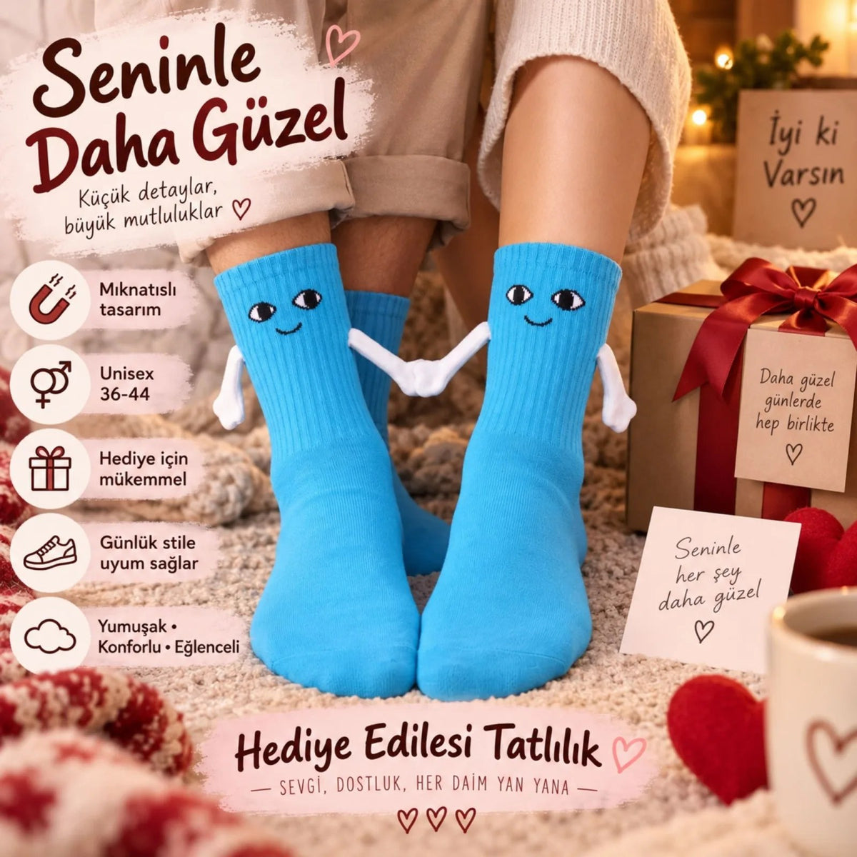 El Ele Tutuşan Mıknatıslı Sevimli Çorap 36-44 - Çift Hediyesi, Pamuklu Renkli Crew Model