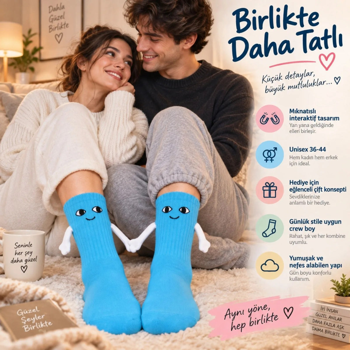 Mıknatıslı El Ele Unisex Tutuşan Sevimli Çorap 36-44 | Çift Hediyesi, Pamuklu Renkli Crew Model