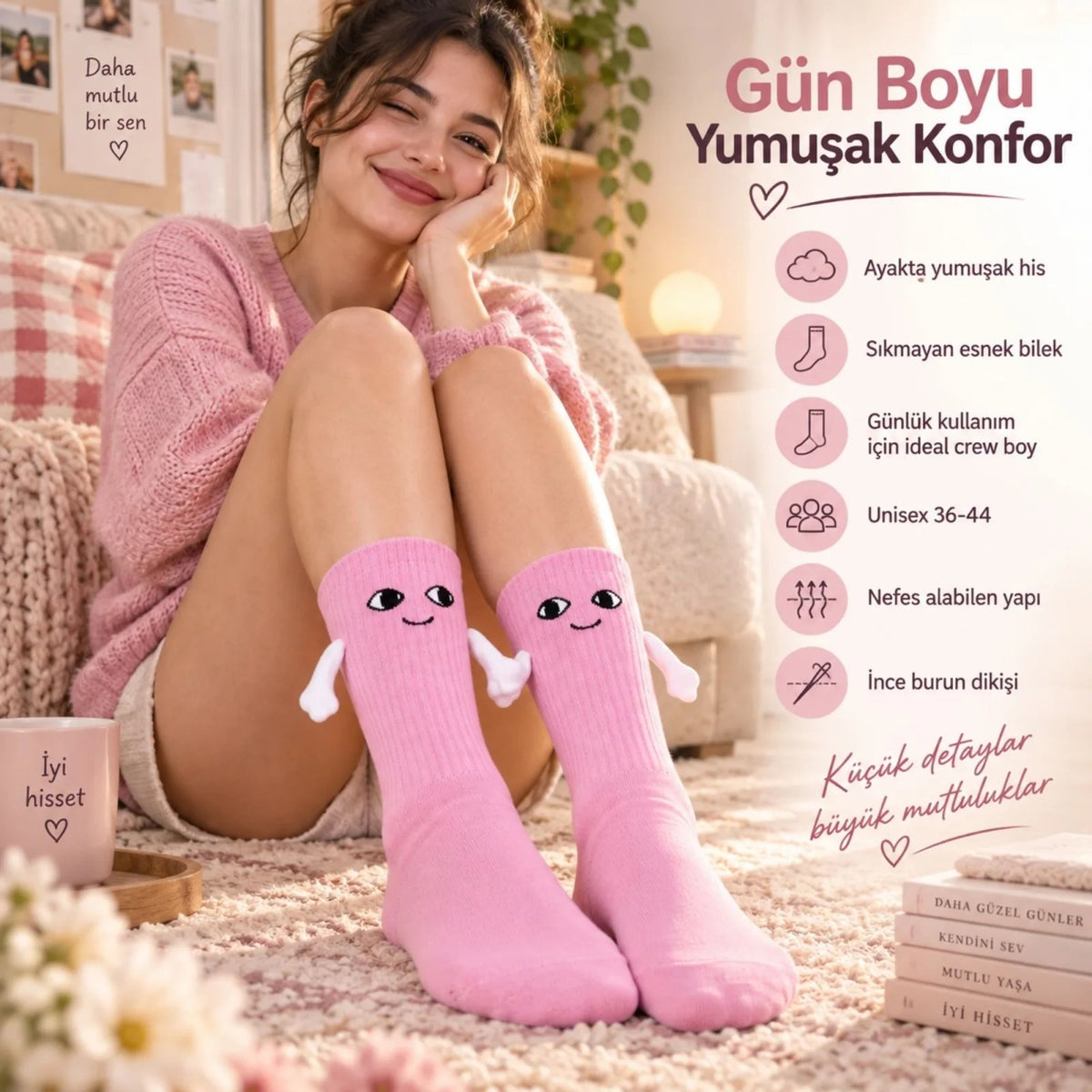 El Ele Tutuşan Mıknatıslı Sevimli Çorap 36-44 - Çift Hediyesi, Pamuklu Renkli Crew Model