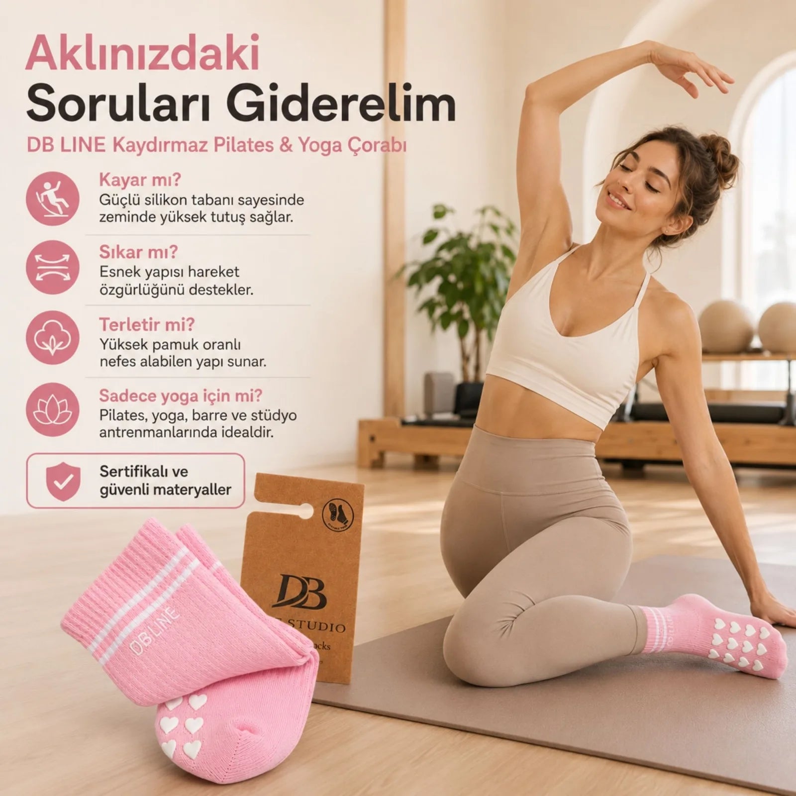DB LINE Kaydırmaz 8'li Pilates Yoga Çorabı Pamuklu Silikon Tabanlı Barre Stüdyo Spor Çorabı