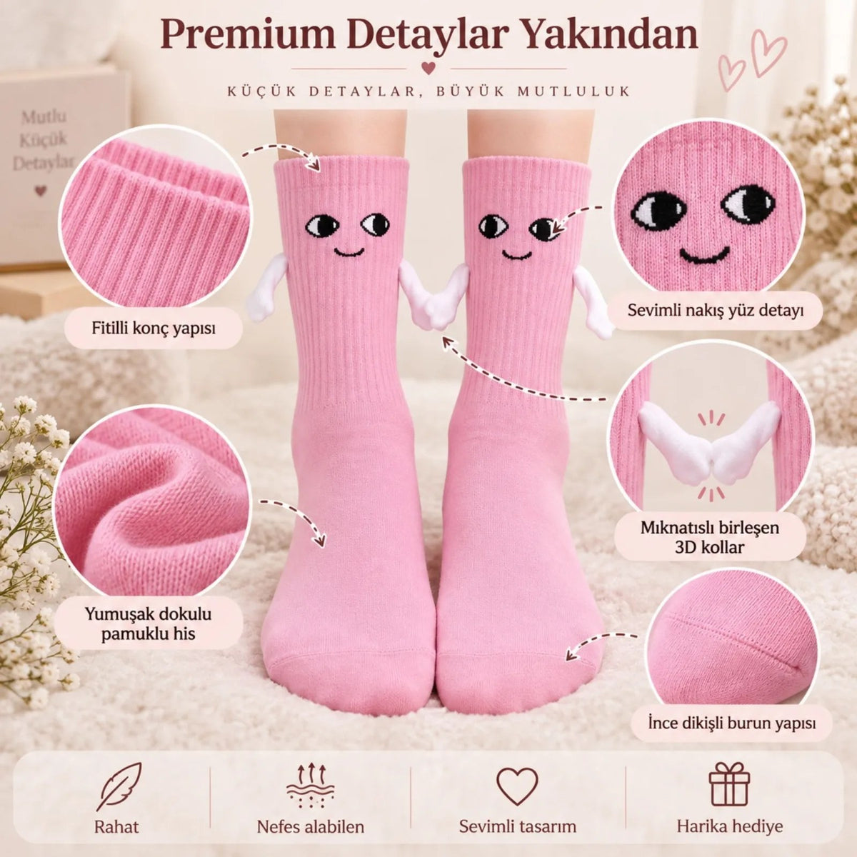 El Ele Tutuşan Mıknatıslı Sevimli Çorap 36-44 - Çift Hediyesi, Pamuklu Renkli Crew Model