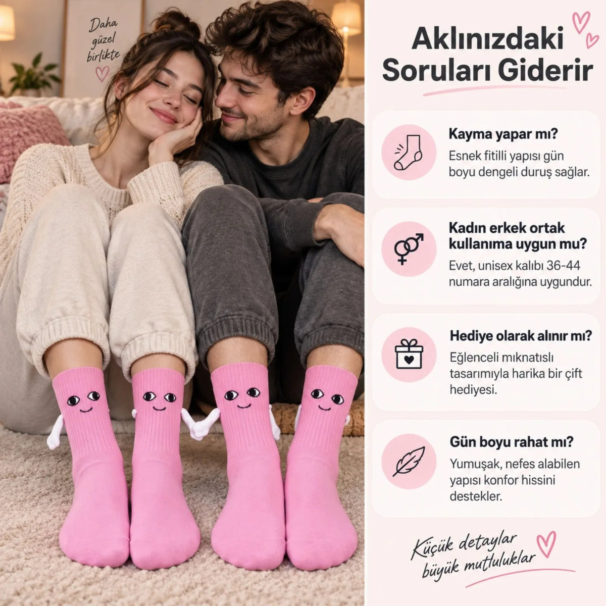 El Ele Tutuşan Mıknatıslı Sevimli Çorap 36-44 - Çift Hediyesi, Pamuklu Renkli Crew Model